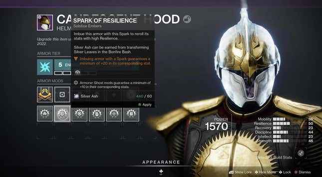 A screenshot shows the new stat roll system for Solstice armor.