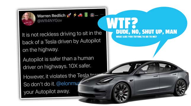 Image for article titled There Are Actually Hardcore Tesla Stans Defending The Idiot Who &#39;Drove&#39; His Tesla From The Back Seat