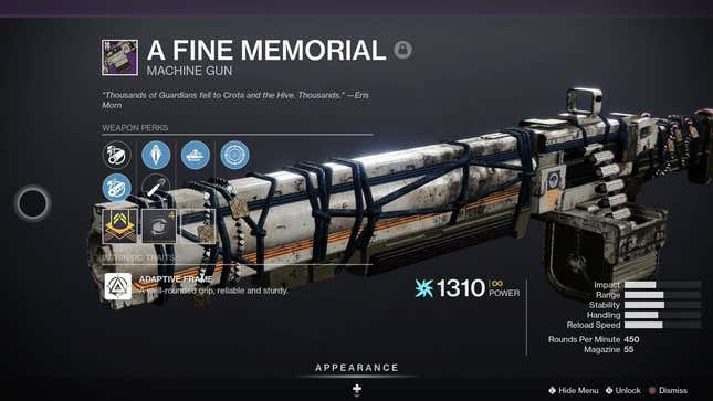 A screenshot of the Fine Memorial machine gun's stat page.