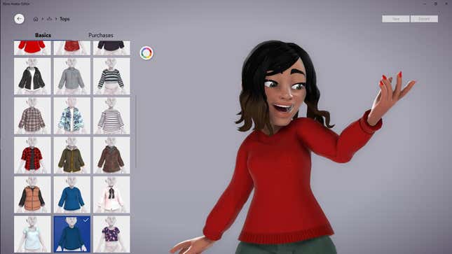 Tan character with curly black hair and a red sweater marvels at her outfit in the Xbox avatar editor.