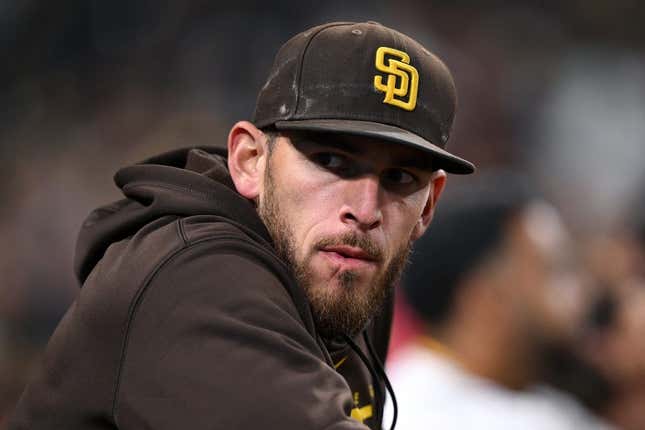 Apr 13, 2023; San Diego, California, USA; San Diego Padres pitcher Joe Musgrove (44) looks on from the dugout during the fifth inning against the Milwaukee Brewers at Petco Park.