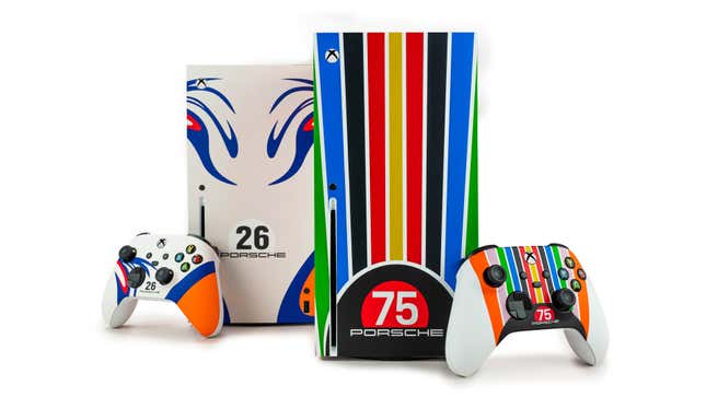 Image of 911 GT1-98 and 75th Anniversary Porsche Xbox Series X consoles.