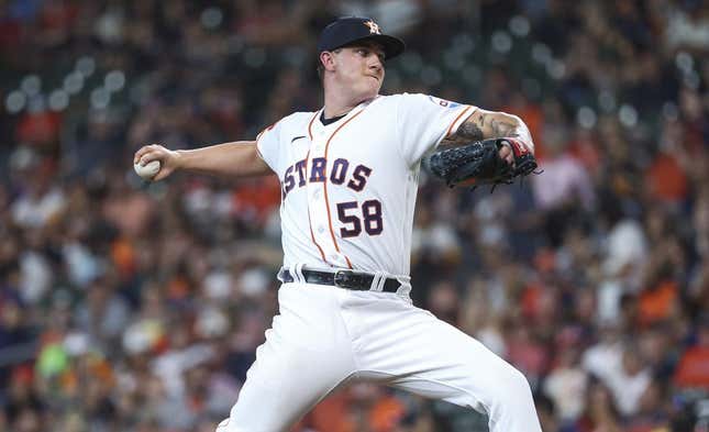 Jun 13, 2023; Houston, Texas, USA; Houston Astros starting pitcher Hunter Brown (58) delivers a pitch during the first inning against the Washington Nationals at Minute Maid Park.