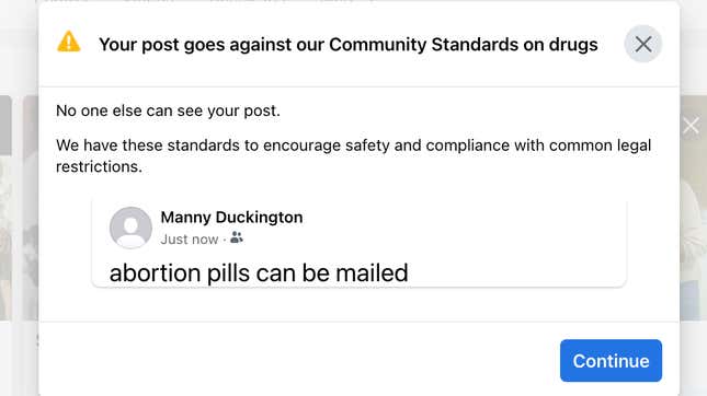 Image for article titled Facebook Admits 'Incorrect Enforcement' After Removing Posts About Mailed Abortion Pills