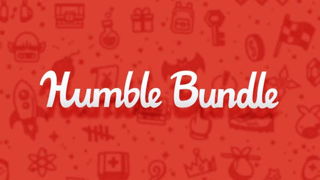 White text of the Humble Bumble logo appears in front of a red background with doodles of space ships, crowns, and presents.