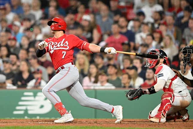 May 31, 2023;  Boston, Massachusetts, USA;  Cincinnati Reds third baseman Spencer Steuer (7) hits a two-run home run against the Boston Red Sox during the seventh inning at Fenway Park.