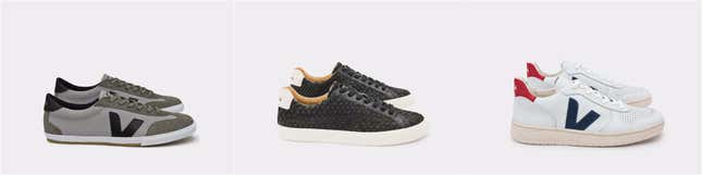 The Volley, Veja's first-ever style, in low-chrome suede and mesh made of recycled plastic; the Esplar, in tilapia leather; and the V-10, in low-chrome leather and an organic cotton insole.