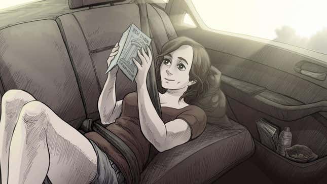 A younger version of a main character, riding in the back of a car.