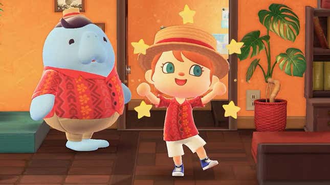 A screenshot of Animal Crossing: New Horizons' Wardell the Manatee standing next to a happy villager. 