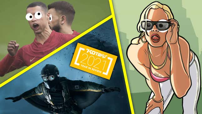 An mash-up image of Battlefield 2042, eFootball 2022, and GTA: San Andreas characters, all with googly eyes.
