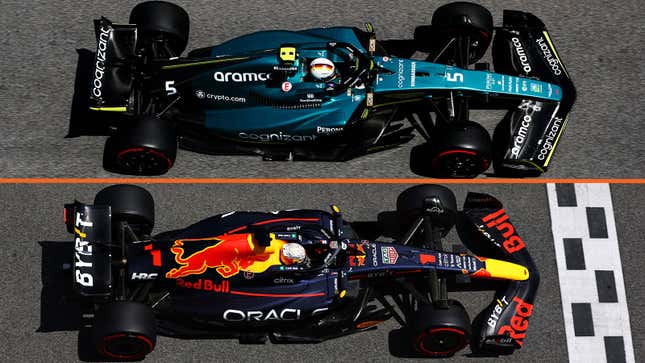 A photo of the new Aston martin F1 car compared with the current Red Bull racer.