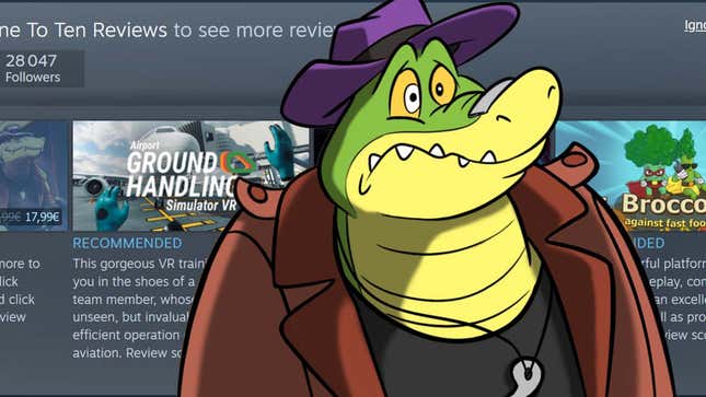 A cartoon alligator in a purple hat makes a weird face in front of some Steam reviews. 