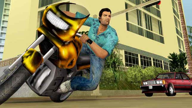 Tommy from Vice City riding a motorcycle. 