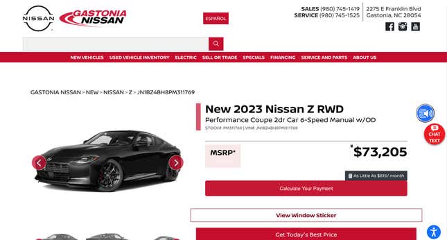 Uno de los Zs de mayor precio en el país que se encuentra a la venta en Gastonia Nissan en Gastonia, Carolina del Norte.