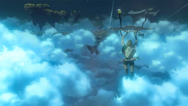 Link using a paraglider in Zelda: Tears of the Kingdom.