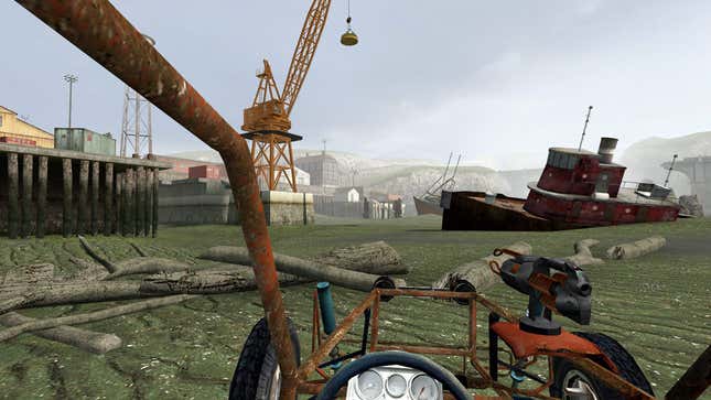 A character races forward in a buggy on drained oceans.