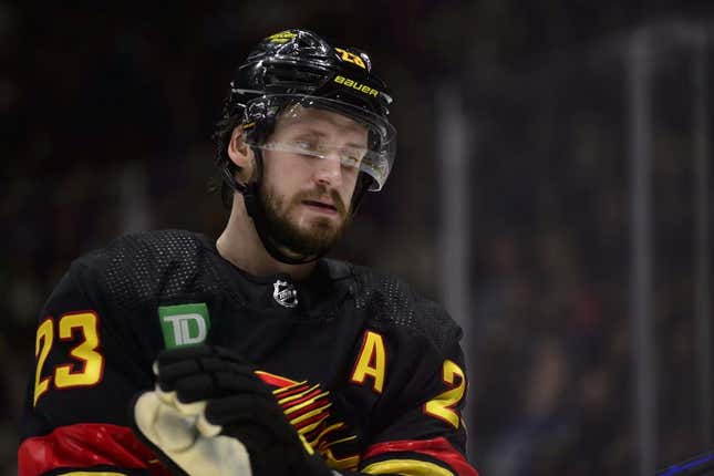 Jan 24, 2023; Vancouver, British Columbia, CAN;  Vancouver Canucks defenseman Oliver Ekman-Larsson (23) awaits the start of play against the Chicago Blackhawks during the second period at Rogers Arena.
