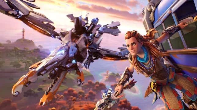 Aloy, from Sony's Horizon games, hangs on the side of a battle bus in Epic's Fortnite.