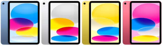 The four different colors of the new 10th generation iPad displayed side by side.