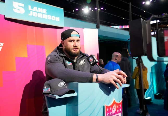 Philadelphia Eagles offensive tackle Lane Johnson answers questions at the Footprint Center in downtown Phoenix during the NFL&#39;s Super Bowl Opening Night on Feb. 6, 2023.

Nfl Super Bowl Opening Night At Footprint Center