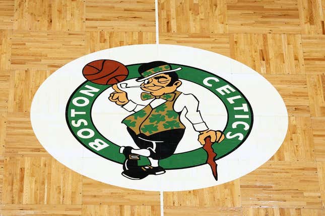 Apr 3, 2022; Boston, Massachusetts, USA; The Boston Celtics logo is seen on the parquet floor at center court before the game between the Boston Celtics and the Washington Wizards at TD Garden.