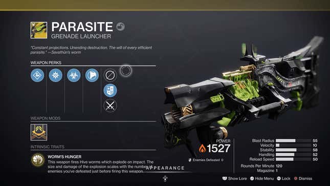 Parasite is the best grenade launcher Destiny 2 has ever had.