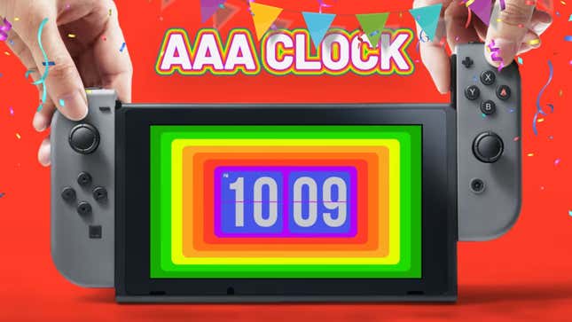 An image shows carnival garland with flags and confetti draped over an image of AAA Clock playing on a Nintendo Switch. 