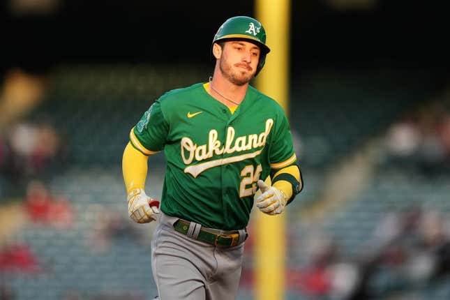 Apr 24, 2023; Anaheim, California, USA; Oakland Athletics right fielder Brent Rooker (25) rounds the bases after hitting a solo home run in the first inning against the Los Angeles Angels at Angel Stadium.