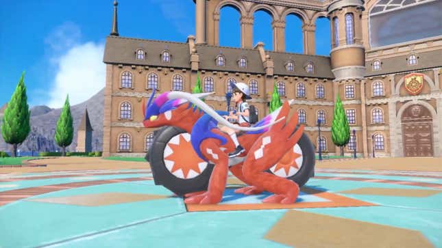 A trainer rides Koraidon's motorcycle form in Pokémon Scarlet.