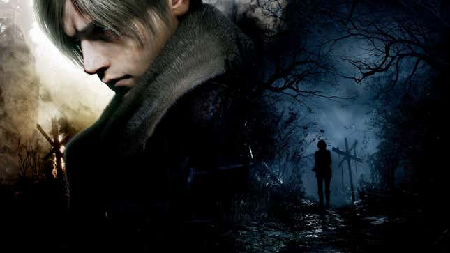 Cover art of Resident Evil 4 depicts Leon's side profile and a silhouetted Ashley. 