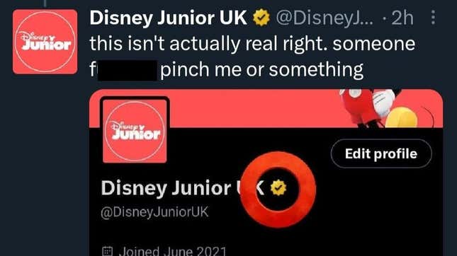 A screenshot of Disney junior UK account reading "this isn't actually real right. Someone f-ing pinch me or something