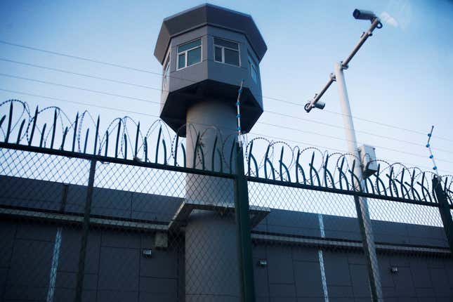 A guard watchtower along the perimeter of what is officially known as a vocational skills education center in Dabancheng, Xinjiang, in September 2018.