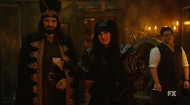 What We Do in the Shadows characters grimace awkwardly in this season three scene.