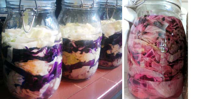 On the left, layered green and red cabbage kraut on day one. On day eight, the kraut has a unified pink color and is ready for eating. 