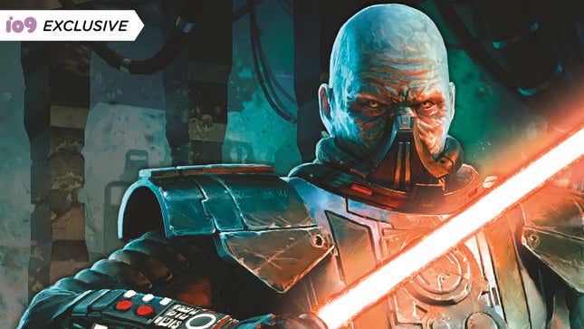 Darth Malgus, the half-masked, bald Sith Lord villain from Star Wars: The Old Republic, glowers as he ignites his red lightsaber.