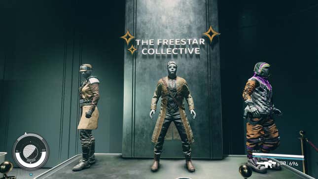 A screenshot of the Freestar Collective's display in Starfield's in-game museum that shows three different standard FC outfits.
