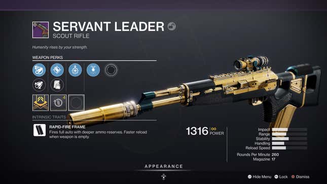 A screenshot of the Servant Leader scout rifle's stat page.