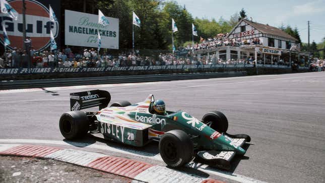 A photo of Gerhard Berger driving his Benetton F1 car at the 1986 Belgian Grand Prix. 