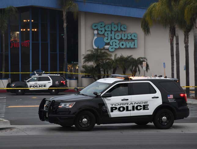 Police guard the Gable House Bowl center after 3 men were killed and 4 injured in a shooting at the bowling alley in Torrance, California, according to police, on January 5, 2019.