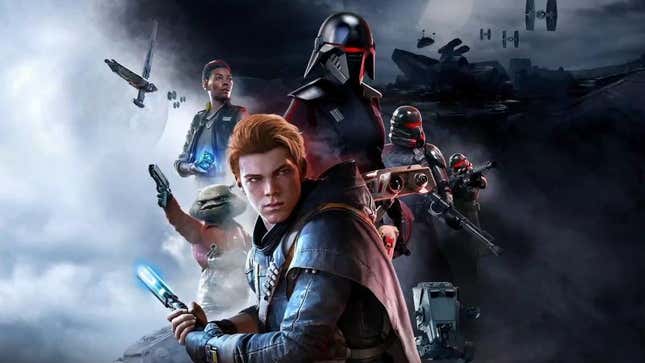 Star Wars Jedi: Fallen Order's protagonist holds a light saber as darkness approaches. 