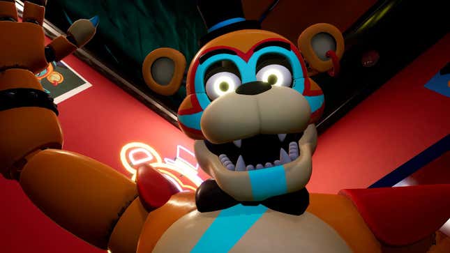 A close-up of Freddy Fazbear as he appears in Five Nights at Freddy's: Security Breach.