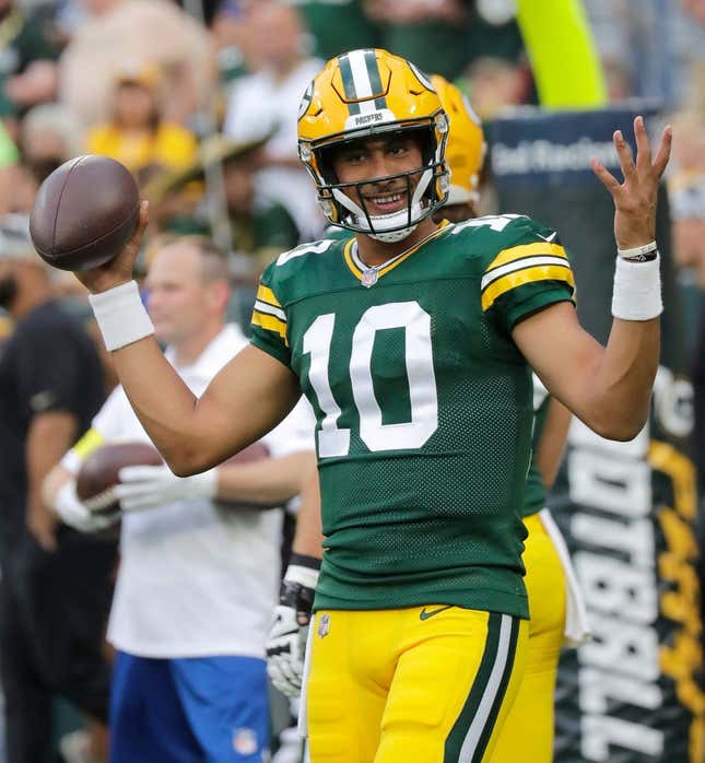 Green Bay Packers quarterback Jordan Love (10) warms up before playing against the New Orleans Saints football team Friday, August 19, 2022, at Lambeau Field in Green Bay, Wis.

Mjs Apc Packvssaints 0819220249djp 113468428