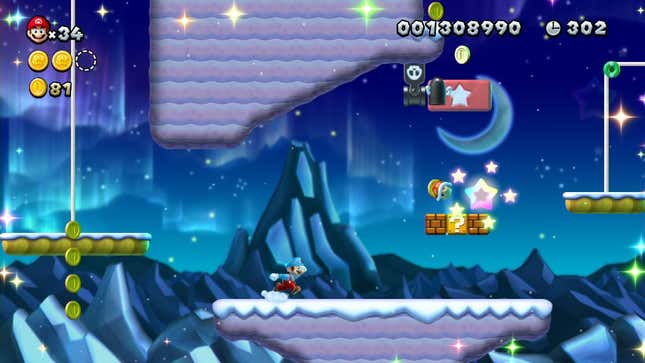 Luigi sprints across a moonlit ice course. 