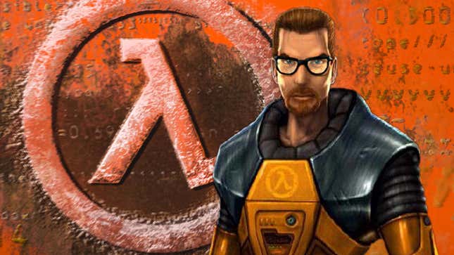 Gordon Freeman in his HEV suit stands in front of the Half-Life logo.