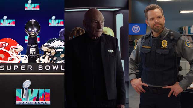 The Super Bowl trophy; Patrick Stewart in Star Trek: Picard season 3; Joel McHale in Animal Control