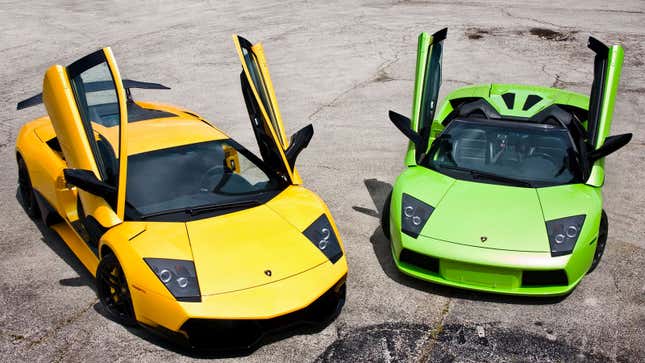 A photo of a yellow and a green Lamborghini Murcielago supercar. 