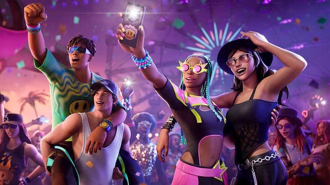 Fortnite characters celebrate at a Coachella-style concert.