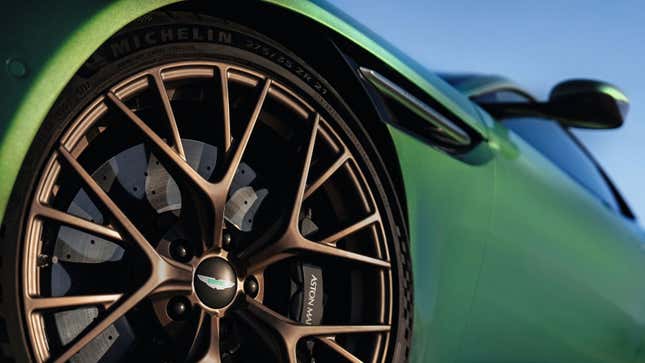 A photo of the wheels on the Aston Martin DB12 sports car. 