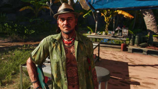 Juan Cortez stands in a campground on a sunny day in Far Cry 6.