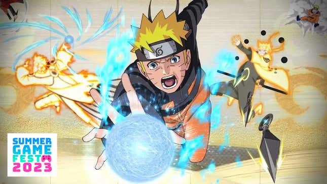 Naruto shoots a blue energy ball from his palm. 